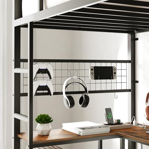 HOOBRO Twin Size Loft Bed with Ladder and Guardrail, Metal Bunk Bed with Desk, LED Lights and Charging Station for Teens, Adults, Space Saving, No Box Spring Needed, Black and Rustic Brown HOOBRO