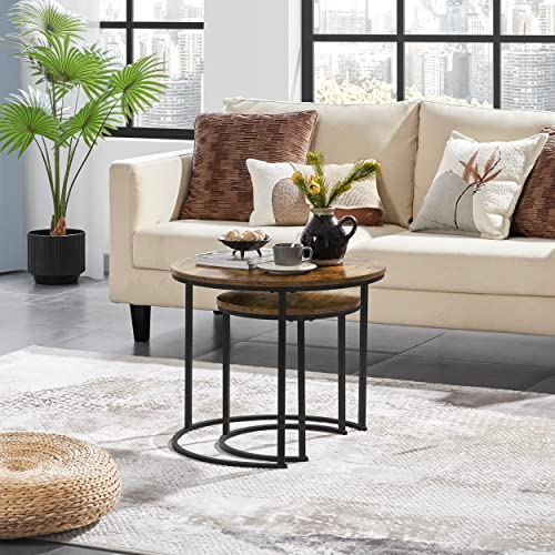 Yaheetech Nesting Coffee Table, Round Coffee Table for Living Room, Nesting Table with Wooden Tabletop and Sturdy Metal Frame, Stacking Living Room Tables Nesting End Table Set of 2, Rustic Brown Yaheetech