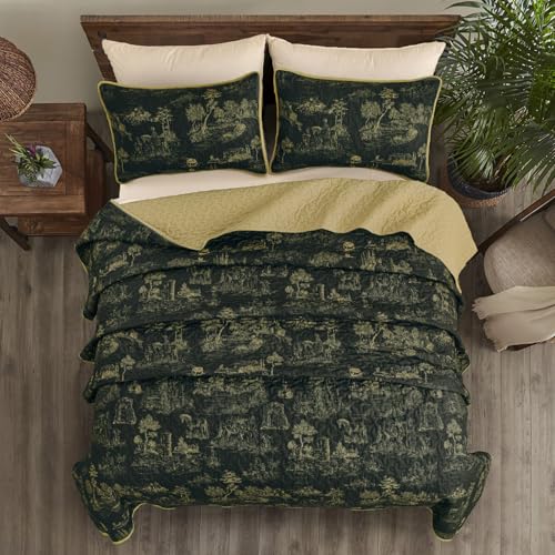Drucon Black Farmhouse Quilt Set King Size, Toile Rustic Bedspreads, 3 Pieces Village Landscape Printed Coverlet, Soft Microfiber Quilt Bedding Set for All Season (106x90 Inch) Drucon