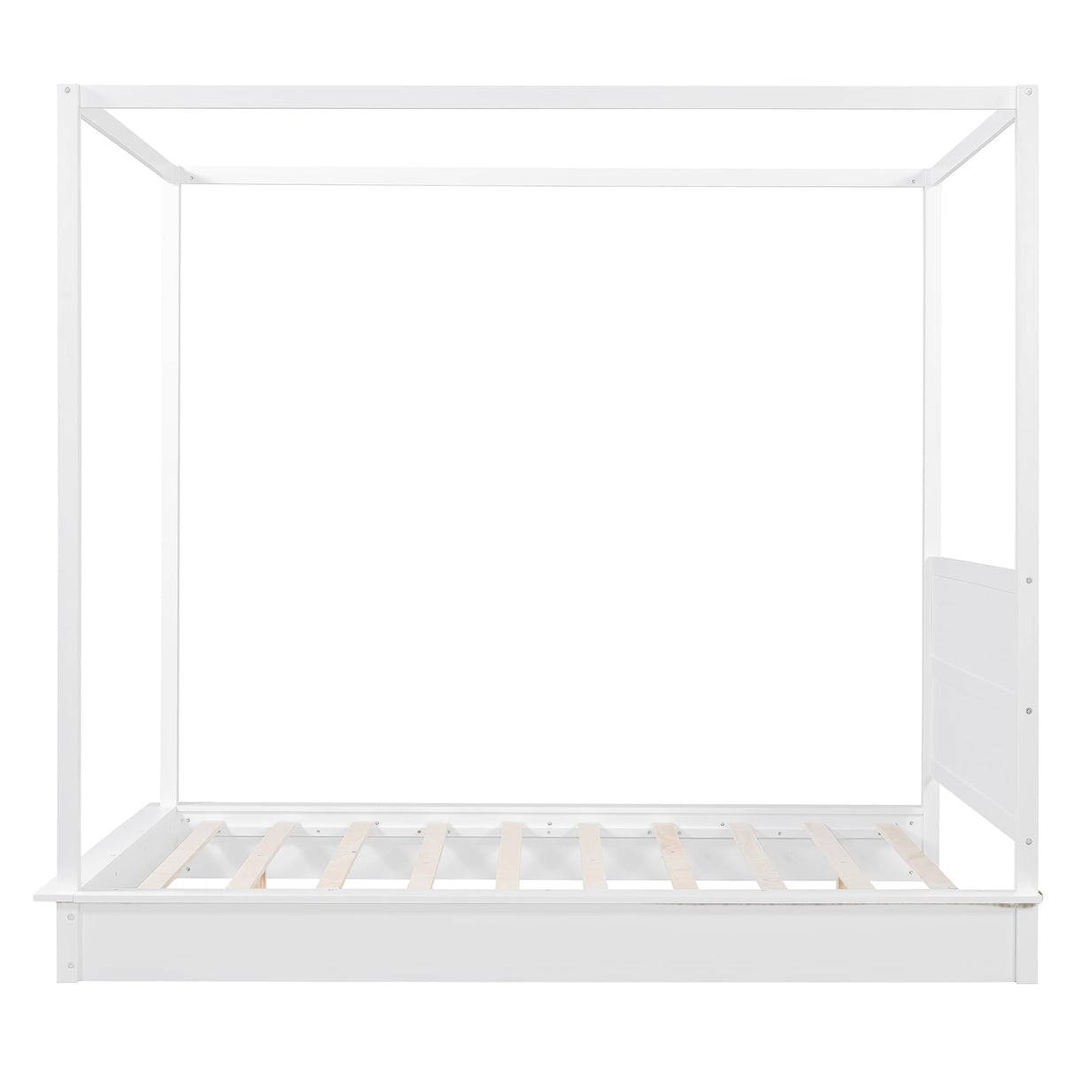 Queen Size Canopy Bed with LED Light, Solid Wood Canopy Platform Bed with Support Slats, Mattress Foundation Bed Platform, No Box Spring Needed, White RuiSiSi