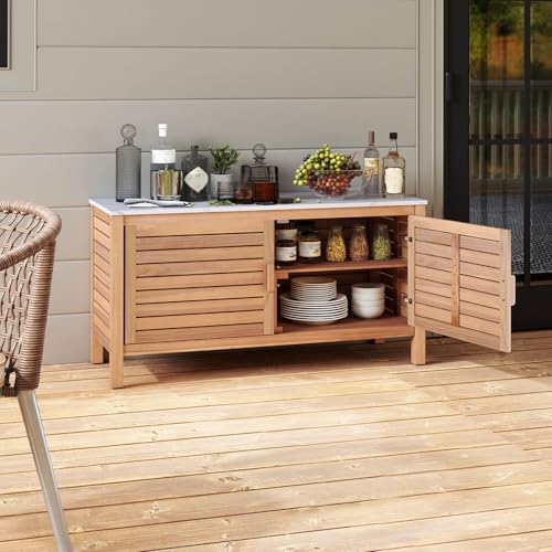 Goplus Patio Storage Cabinet, 2-Door Acacia Wood Console Table with Faux Marble Top, Outdoor Wooden Sideboard for Deck, Garden, Backyard & Entryway Goplus