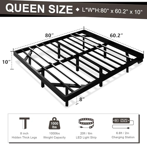 Feonase Queen Floating Bed Frame with Charging Station and Led Lights, Metal Bed Frame with Heavy Duty Steel Slats Supports, No Box Spring Needed, Easy Assembly, Noise Free, Black Feonase