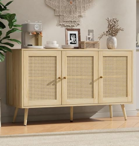 IDEALHOUSE 47.2" Rattan Sideboard Buffet Cabinet with 3 Doors, Boho Storage Cabinet with Adjustable Shelves, Console Table for Living Room, Dining Room, Entryway, Coffee Bar IDEALHOUSE
