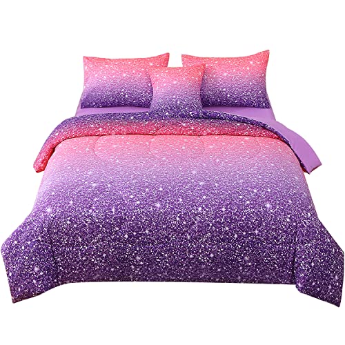 JQinHome Twin Pink Purple Comforter Set, 6 Piece Bed in A Bag 3D Colorful Bedding Set for Girls Kids (1 Comforter,2 Pillowcases,1 Flat Sheet,1 Fitted Sheet,1 Cushion Cover)(Pink Purple) JQinHome