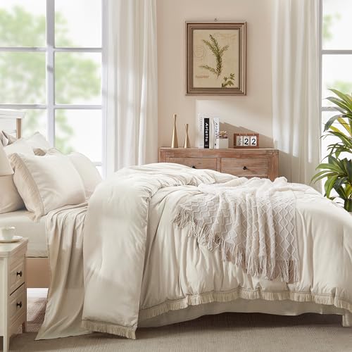 Andency King Size Comforter Set 7 Pieces, Beige Bed in a Bag King Fluffy Boho Tassel Bed Set, Cream Fringe Bedding Set with Quilt Comforter, Sheets, Pillowcases & Shams Andency