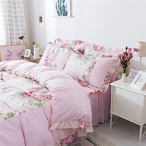 FADFAY Home Textile Pink Rose Floral Print Duvet Cover Bedding Set for Girls 4 Pieces King Size FADFAY