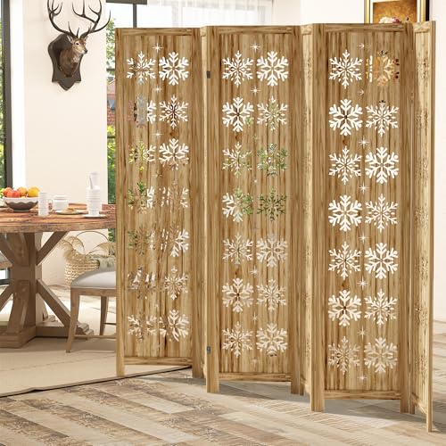 Casaphoria 6 Panels Room Divider, Folding Screen Room Divider with Snowflake Pattern for Home Office, Restaurant and Bedroom, Paulownia Wood, 95" W x 67" H (Natural) Casaphoria