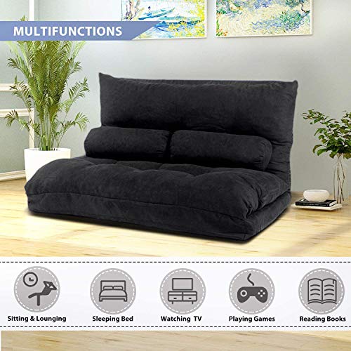 Flieks Floor Sofa Bed Adjustable 5-Position Reclining Futon Sofa Bed Foldable Lazy Sofa with 2 Pillows for Kids, Black Flieks