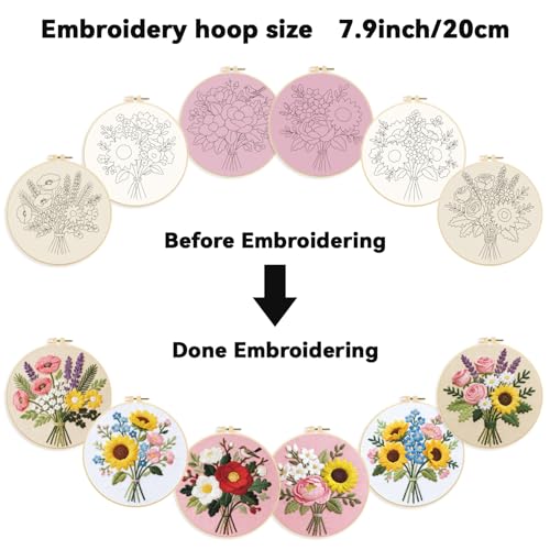 ORIGACH 6 Pack Flower Bouquet Embroidery Kits for Beginners, DIY Starter Hand Embroidery Kit with Sunflower Rose Lavender Patterns and Instructions for Adults Women Crafting
