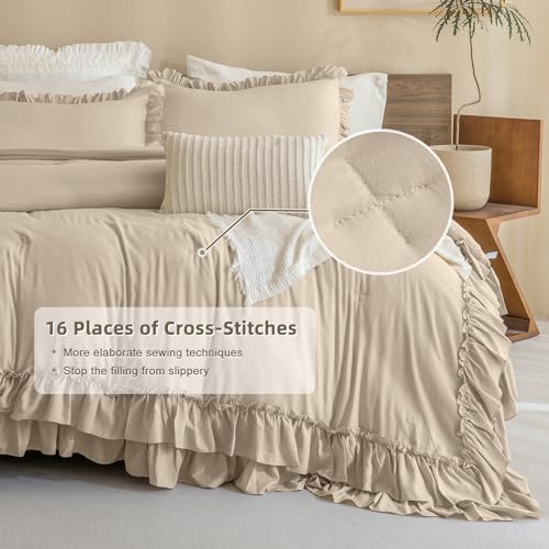 Masaca Ruffled Comforter Set Queen,3-Piece Farmhouse Shabby Boho Chic Bedding,Ultra Soft Linen Feel Textured Bed Comforter Set (1 Ruffle Comforter+2 Pillow Shams) Masaca