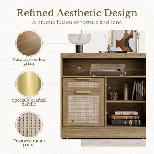 Perledesign Height Adjustable Electric Standing Desk, 48 x 24 Inches Sit Stand up Desk with 2 File Cabinets, AC/USB, 1.18" Desktop, L Shaped Rattan Computer Desk for Home and Office, Natural Oak Perledesign