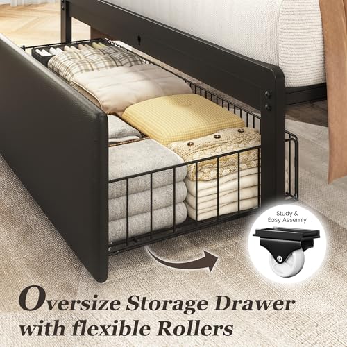 Fluest Twin Bed Frame with Storage Drawer, Upholstered Headboard Button Tufted Bed Frame with Charging Station, No Box Spring Needed, Noise-Free, All Metal Structure, Black Fluest
