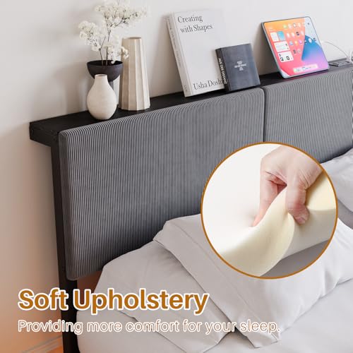 HOMERECOMMEND Floating Bed Frame Queen Size with Storage Headboard and Charging Station, Upholstered Platform Bed with LED Light, Heavy Duty Metal Slats, No Box Spring Needed,Black and Grey HOMERECOMMEND