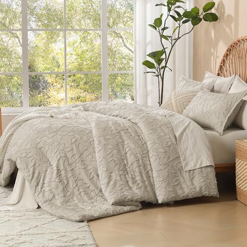 Litanika Queen Size Comforter Set Oatmeal, Beige 3 Piece Boho Tufted Bedding, Khaki Fluffy Farmhouse Bed Set for All Season with 2 Leaf Pattern Pillowcases(90x90In) Litanika