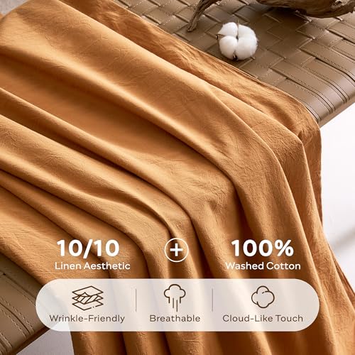 JELLYMONI 100% Washed Cotton Duvet Cover Full – Soft, Breathable Linen-Look Bedding with Natural Wrinkle Texture, Button Closure, 3-Piece Set (Amber Orange, 80"x90") JELLYMONI