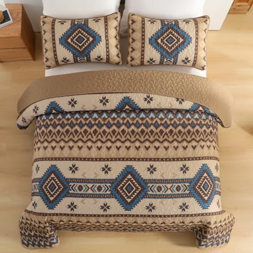 Dintszyayue Brown Boho Quilt Set Queen,3 Pieces Aztec Texture Bedspread Southwestern Coverlet Set Soft Lightweight Bed Cover for All Season Microfiber Bedding with 2 Pillowcases(Brown,96"x90") Dintszyayue
