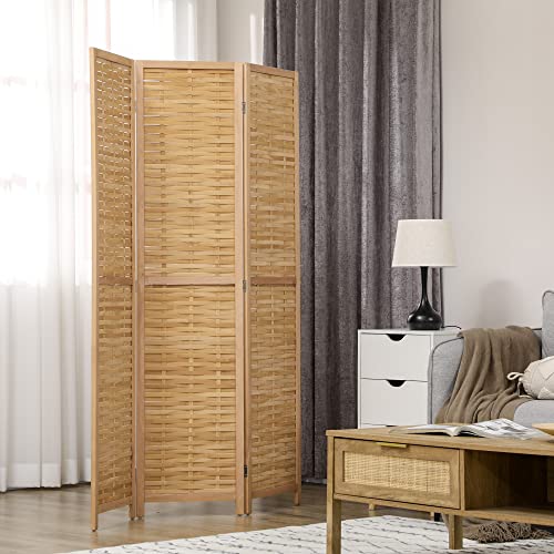 HOMCOM 3 Panel Room Divider, 5.5' Tall Bamboo Portable Folding Privacy Screens, Hand-Woven Double Side Partition Wall Dividers for Home Office, Natural HOMCOM