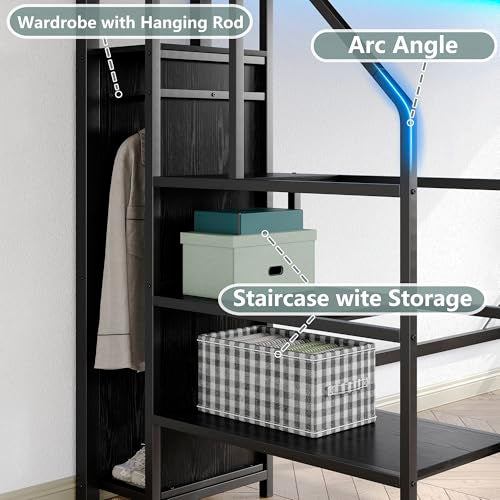 Furniouse Twin Loft Bed with Storage Stairs and Wardrobe, Heavy Duty Loft Bed, RGB LED Bed with USB Port, Outlets and Adjustable Furniouse