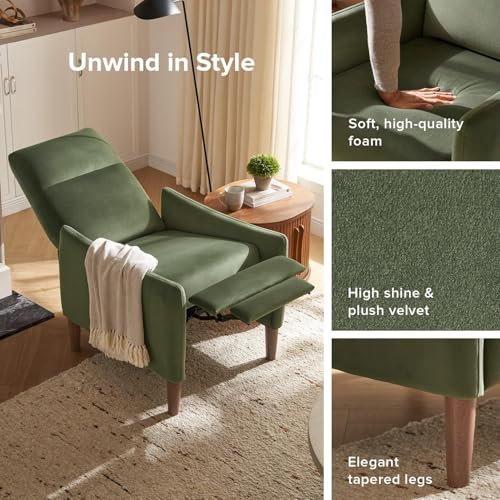 mopio Arthur Recliner Chair with 3 Positions, Accent Armchair, Mid Century Modern Reading Chair, High Back Padded Support Comfy Sleeper Armchair (Olive Green Velvet)