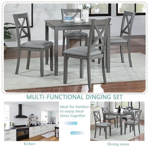 Harper & Bright Designs Modern 5-Piece Wooden Dining Table Set for 4, Grey Square Kitchen Table & 4 Upholstered Seating Chairs, Acacia/Birch Veneer, Space-Saving Design for Dining Room & Small Spaces Harper & Bright Designs
