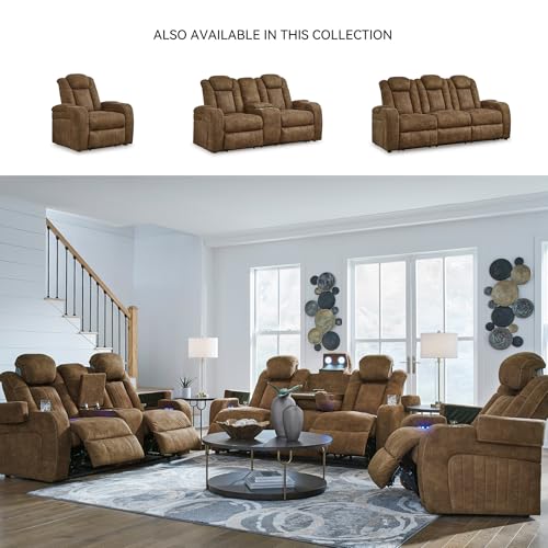 Signature Design by Ashley Wolfridge Contemporary Faux Leather Power Reclining Sofa with Drop Down Table, LED Lights, Electrical Outlet, Wireless Charging, USB Ports and Cup Holders, Light Brown Signature Design by Ashley
