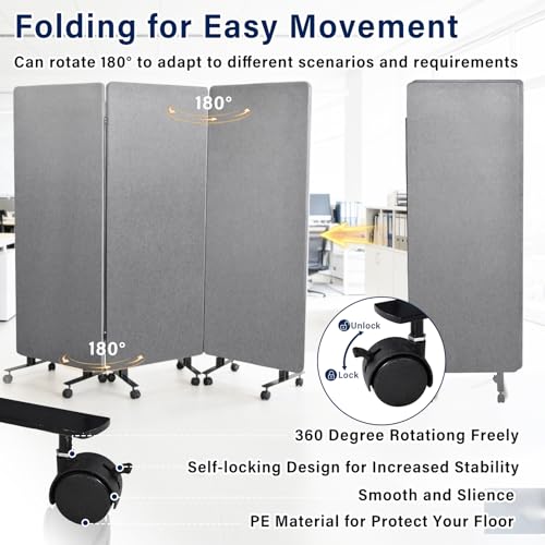 72" X 66" partition Room dividers, 3 Panel Sound Proof Dividers for Office Partitions, Room Divider Privacy Panel with Wheels, Portable Temporary Wall for Office, Studio, School, Hospital(Light Gray) Generic