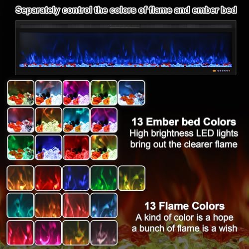 Oxhark Flame 60 Inch, Recessed & Wall Mounted WiFi-Enabled Electric Fireplace Inserts with Remote Control,Timer & Thermostat Fireplace Heater, Log Set & Crystal Options, 750W/1500W, Black Oxhark Flame