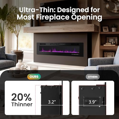 PHI VILLA 72" Electric Fireplace Wall Mounted & Recessed, 3.19" Ultra-Thin Linear Fireplace Electric Heater with Remote Control & Touch Screen, 750/1500W, Low Noise, Timer PHI VILLA