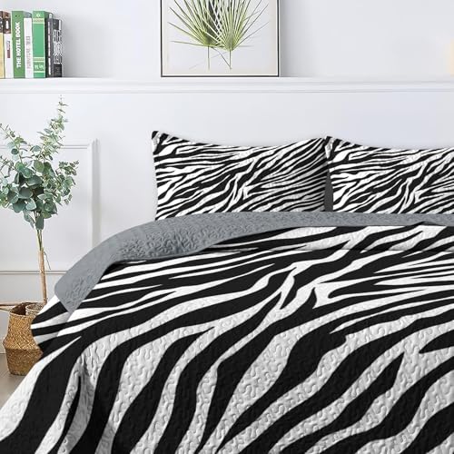 Pamnest Quilt Set King Size, Zebra Stripe Animal 3 Pcs Soft Bed Cover Bedding Set for Kids and Adults, Black White Lightweight Bedspread Coverlet with Pillow Sham for All Season Pamnest