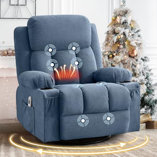 MAHOMICO Swivel Rocker Recliner Chair with Vibration Massage and Heat for Living Room,with Rocking Function and Side Pocket, USB Charge Port,2 Cup Holders MAHOMICO