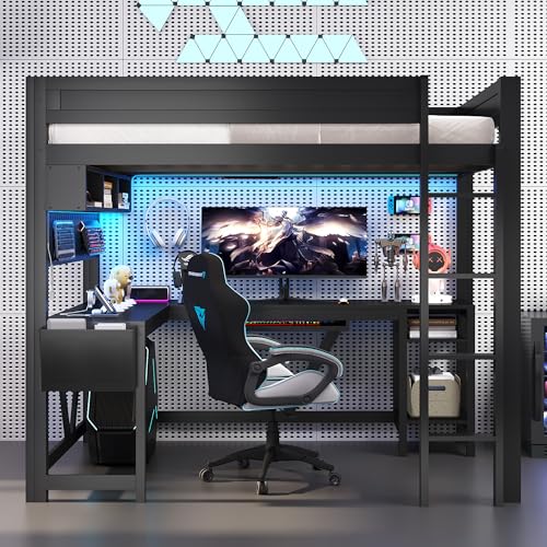 SOFTSEA Full Size Gaming Loft Bed with Desk, Wooden Loft Bed with LED Light and USB Ports, Wood Gaming Bed with Desk Underneath and Storage for Teens Adults, Black SOFTSEA