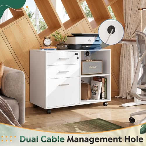 DEVAISE 3-Drawer Wood File Cabinet with Lock, Mobile Lateral Filing Cabinet, Printer Stand with Open Storage Shelves for Home Office, White DEVAISE