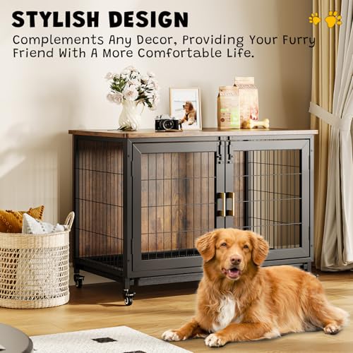 37.5 Inch Wooden Dog Crate with Wheels - Furniture Style Pet Kennel for Small to Medium Dogs Up to 66 Lbs - Multi-Purpose Removable Tray, Decorative Indoor Dog House, Sturdy & Stylish Design Hipicute