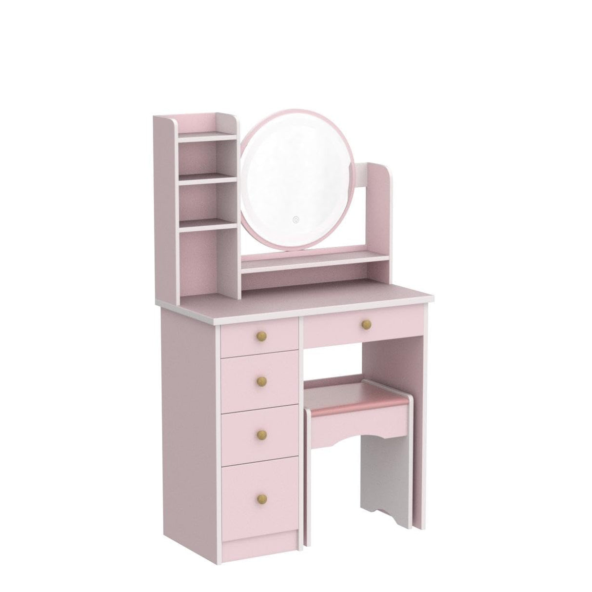 FUFU&GAGA Pink Vanity Set with Round Lighted Mirror, Makeup Vanity Dressing Table with 5 Drawers, Shelves, Dresser Desk and Cushioned Stool FUFU&GAGA