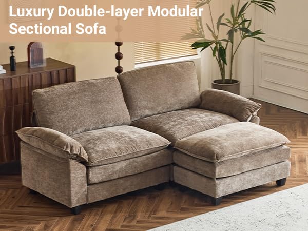 VINGLI Convertible Sectional Loveseat Sofa for Apartment with Deep Seat &Movable 2-Layer Ottoman, Oversized L-shape Cloud Sofa with Chaise &Armrests, 2-Seat Sofa for Small Spaces, Chenille,Light-Brown VINGLI