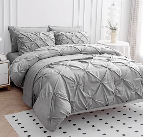 LANE LINEN Twin Sized Comforter Set – 5 Pc Luxury Down-Alternative - Pintuck Stitch Design Bedding - 1 Comforter, 1 Flat Sheet, 1 Fitted Sheet, 1 Pillowcase & 1 Sham - Easy Care, Machine Wash – Silver LANE LINEN