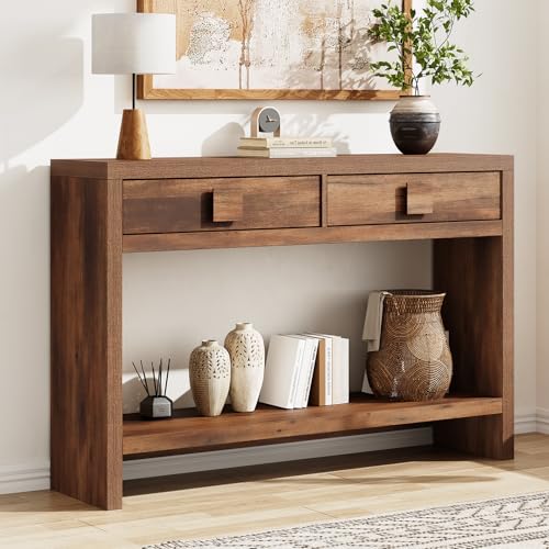ONBRILL Console Table with Drawers, 47 Inch Narrow Entryway Table with Open Storage Shelves, Mid Century Modern Hallway Accent Tables Behind Couch Table for Living Room (Vintage Brown) ONBRILL