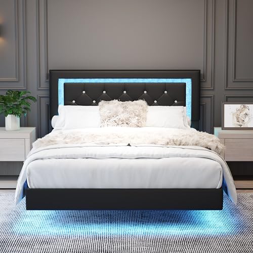 AILUNWALL Floating Bed Frame Full with LED Light, Upholstered Queen Bed Frame with Headboard, Solid Wood Slats Support, Noise-Free, Easy Assembly, No Box Spring Needed (Black, Full) AILUNWALL