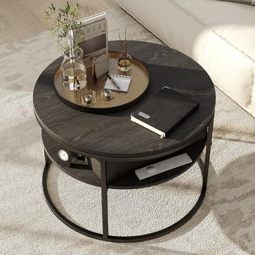 HOJINLINERO Round Lift Top Coffee Table,Coffee Tables Living Room,Black Coffee Table with Storage Hidden Compartment,Wood Farmhouse Coffee Table Decor,Center Table for Living Room,Modern Coffee Table HOJINLINERO