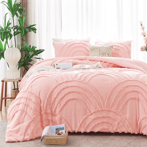ENJOHOS Pink Full Comforter Set for College Girls - Full Size Boho Tufted Rainbow Comforter, 3 Pieces Rainbow Bedding for All Season, Lightweight Soft Microfiber Comforter with 2 Pillowcase ENJOHOS