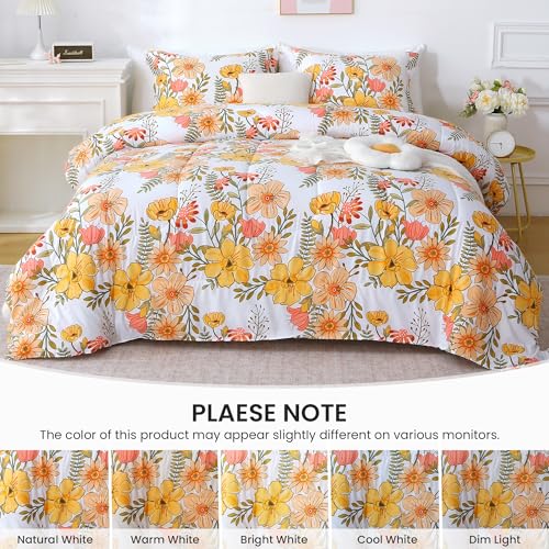 Mooreeke Floral Duvet Cover Twin Size, 2 Piece Pink & Yellow Flower Patterned Duvet Cover Set with Zipper Closure, Soft & Breathable Microfiber Bedding Set with 4 Corner Ties and 1 Pillow Sham Mooreeke