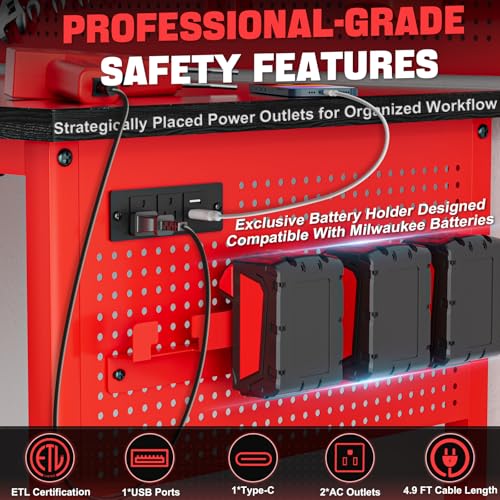 Work Bench, Ferreteriai 47" Heavy Duty Workbench with Power Outlet & USB-C, Exclusive Red Side Battery Holder, Adjustable Height, 2100LB Capacity, Locking Wheels for Garage Workshop Ferreteriai