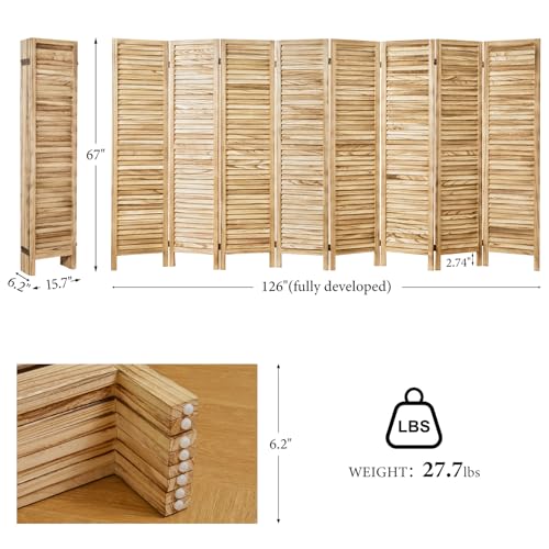 Room Partitions and Dividers, Temporary Wall with Double Hinges, 5.6 Ft Tall Folding Louver Wood Screen for Home Office Bedroom Hotel Decoration (8 Panels, Wood Color) Svimi