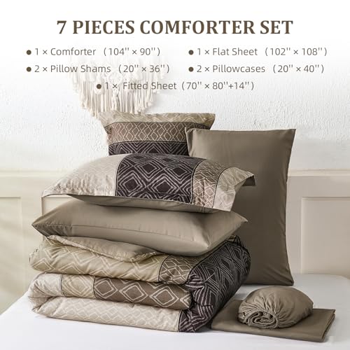 Dinjoy Light Brown King Size Comforter Set,Striped Boho Bed in a Bag King 7 Pieces Soft Fall Bedding Comforters Sets Microfiber Complete Bed Sets for All Season Dinjoy