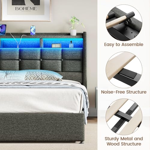Driftalia Lift Up King Size Bed Frame with Storage, Upholstered King Bed Frame with Charging Station and LED Lights Headboard, No Box Spring Needed, Easy Assembly - Dark Grey Driftalia