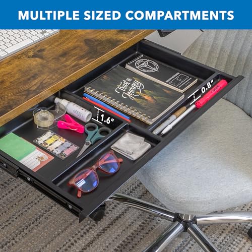 Mount-It! Under Desk Drawer with 4 Compartments, Deep Low-Profile Slide-Out Storage Organizer, 25.8″ x 12.5″ x 1.6″, Smooth Glide Pull-Out Tray for Traditional & Single Motor Standing Desks, Black Mount-It!