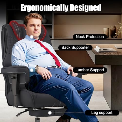 600lbs Big and Tall Office Chair, Wide Ergonomic Leather Executive Chair for Heavy People with Foot Rest, High-Back Reclining Computer Chair with Swivel Wheels and Lumbar Support (Black) Box DesignLab