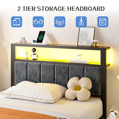 Liians Twin Size Platform Bed Frame with LED Lights, Grey Upholstered Headboard with 2-Tier Storage Shelves, Charging Station, Noise Free, No Box Spring Needed, Easy Assemably Liians