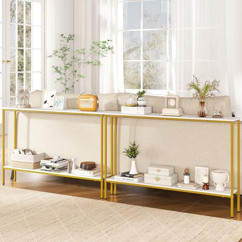 Giantex 44" Gold Console Table with Shelf, Narrow Long Entryway Table with Dual Anti-Tipping Kits & Metal Frame, 2-Tier Sofa Table Behind Couch, Hallway Table for Living Room, Entrance, Foyer Giantex