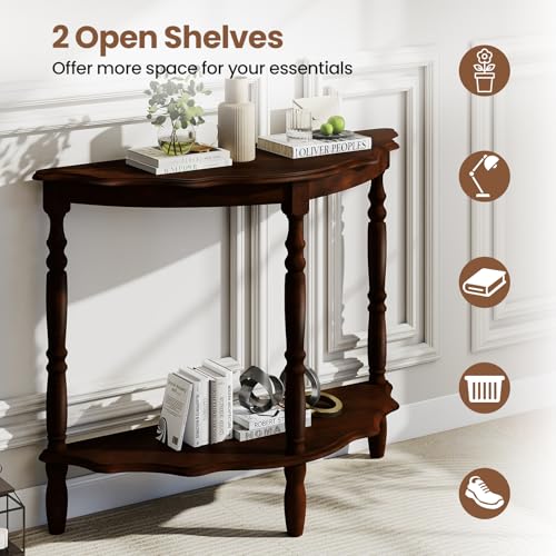 Giantex 42" Half Moon Console Table, 2-Tier Semi-Circle Entryway Table with Storage Shelf & Carved Rubber Wood Legs, Vintage Round Curved Sofa Tables for Living Room, Hallway, Entrance Giantex